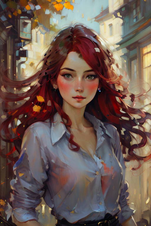 01421-2786673736-oil painting,x 1girl, solo, shirt, red hair, realistic, long hair, looking at viewer_lora_oil_0.7_,.png